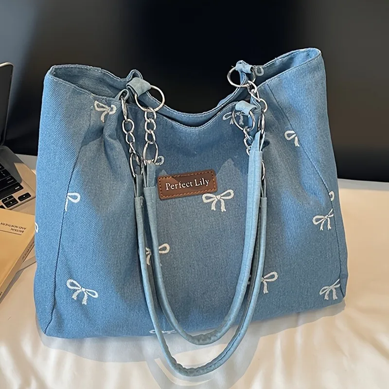 Women's Casual Tote Bag with Fixed Chain Strap & Bow Embroidery Durable Zipper Closure Handbag for Daily Commute Shopping Outing