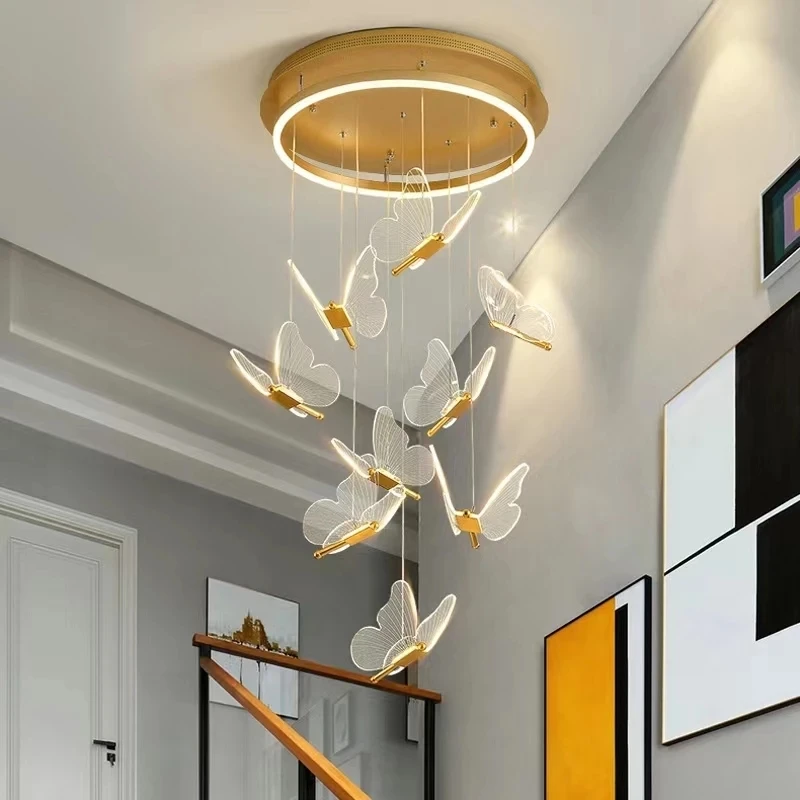 

2022 Staircase Rotating Butterfly Lighting LED Chandelier For Attic Villa Bedroom Living Room Hotel Duplex