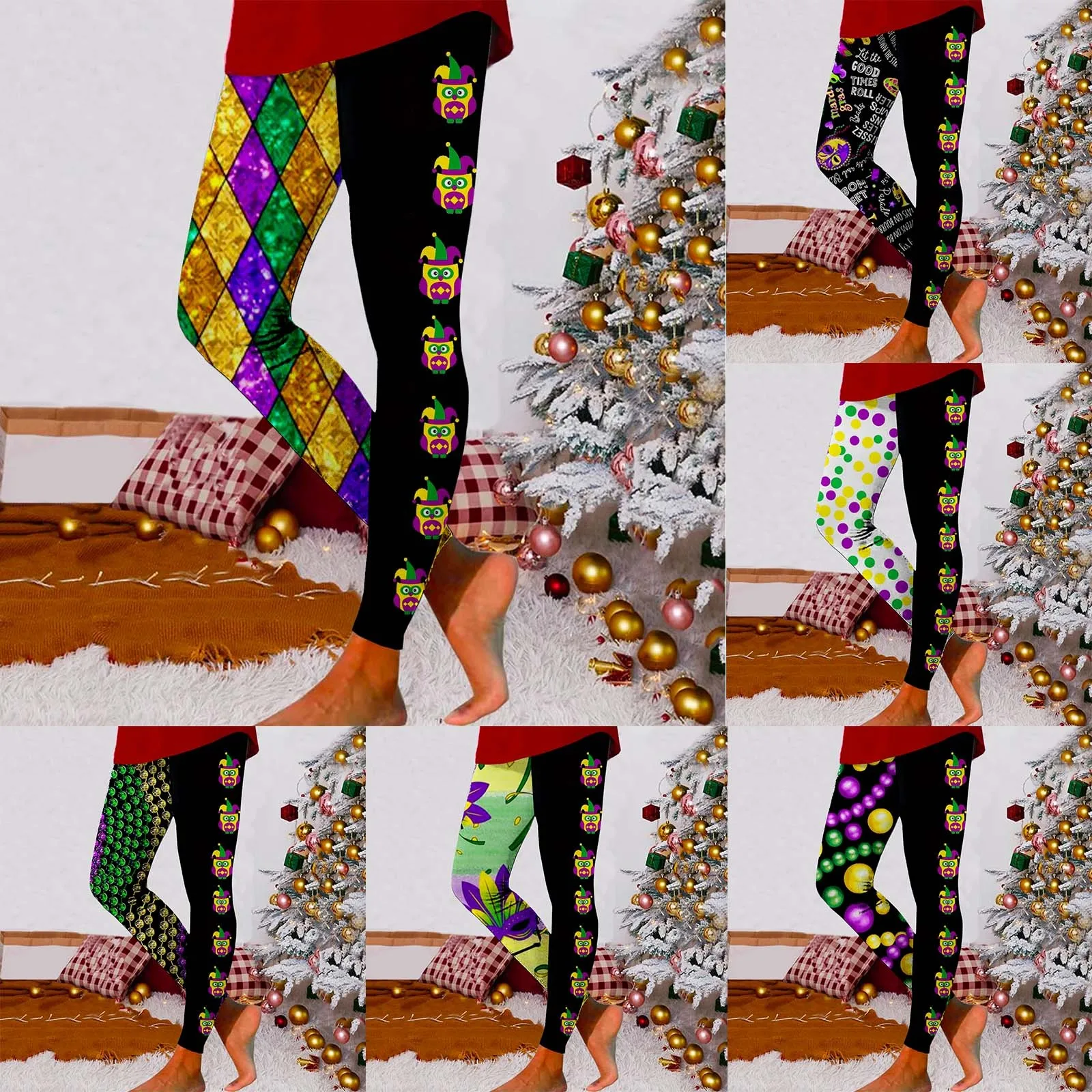 

Women's Fashion Casual Autumn/Winter Carnival Patchwork Printed High Waisted Yoga Leggings