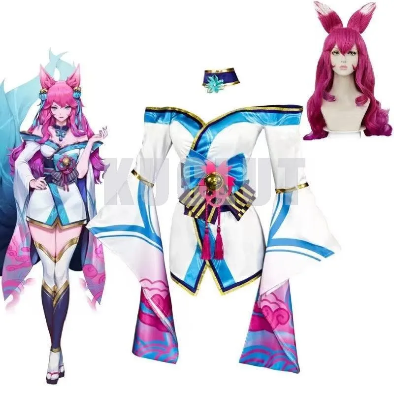 

Game LOL Ahri Spirit Blossom League of Legends Cosplay White Wig Shoes Ears Tail Costume Women Kimono Hanfu Full Set Dress