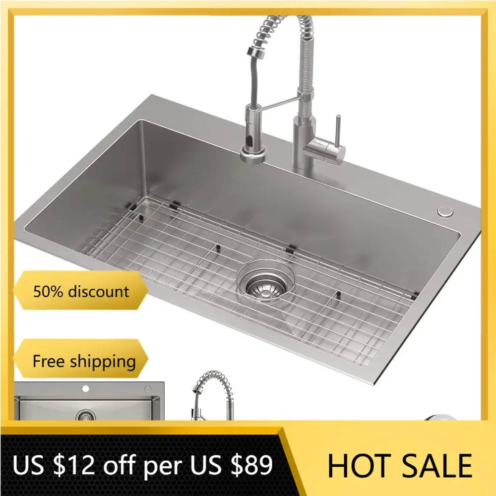 Dual Mount Drop Sink and Pull-Down Commercial Kitchen Faucet Combo in Stainless Steel Finish, 33"- Single Bowl