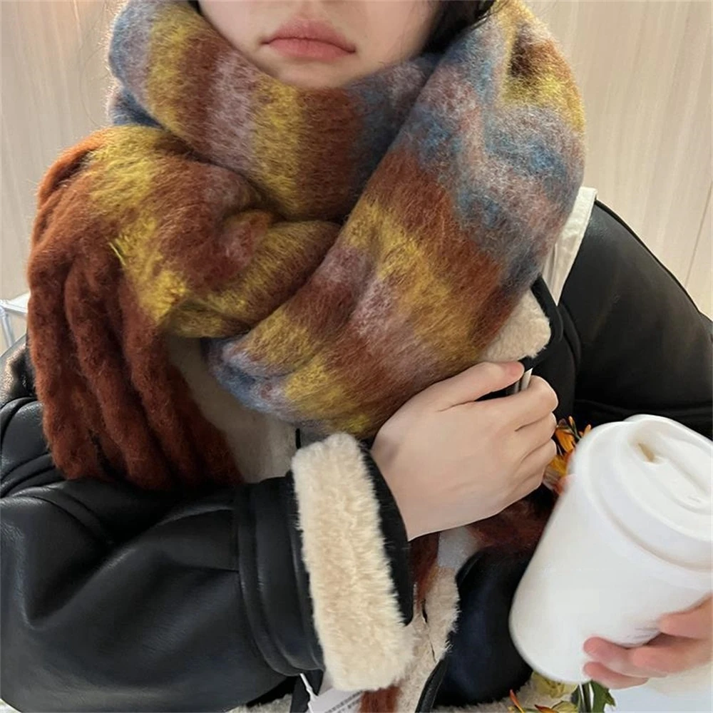 Luxury Mohair Scarf Winter Plaid Imitation Cashmere Scarves Shawl Women's Thicken Geometry Neckerchief Designer Bufanda Invierno 4