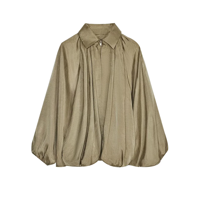 Description Picture 3 of itemStreet Loose Jackets Women Fashion Pleated Lapel Batwing Long Sleeve Female Coats 2025 Spring Summer Y2k Zipper Lady Outwears