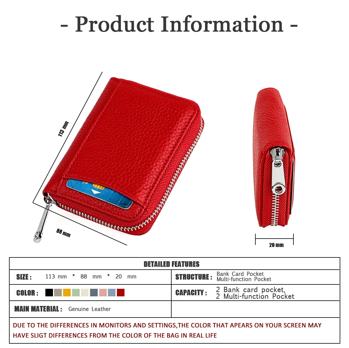 Women's RFID Blocking Credit Card Wallet Solid Minimalist Genuine Leather Zippered Around Small Coin Purse with Front Card Slot