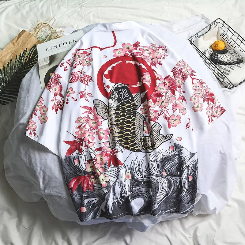 Men Spring Loose Hong Kong Style 3/4 Sleeve Kimono Cardigan Harajuku Streetwear men kimono cardigan