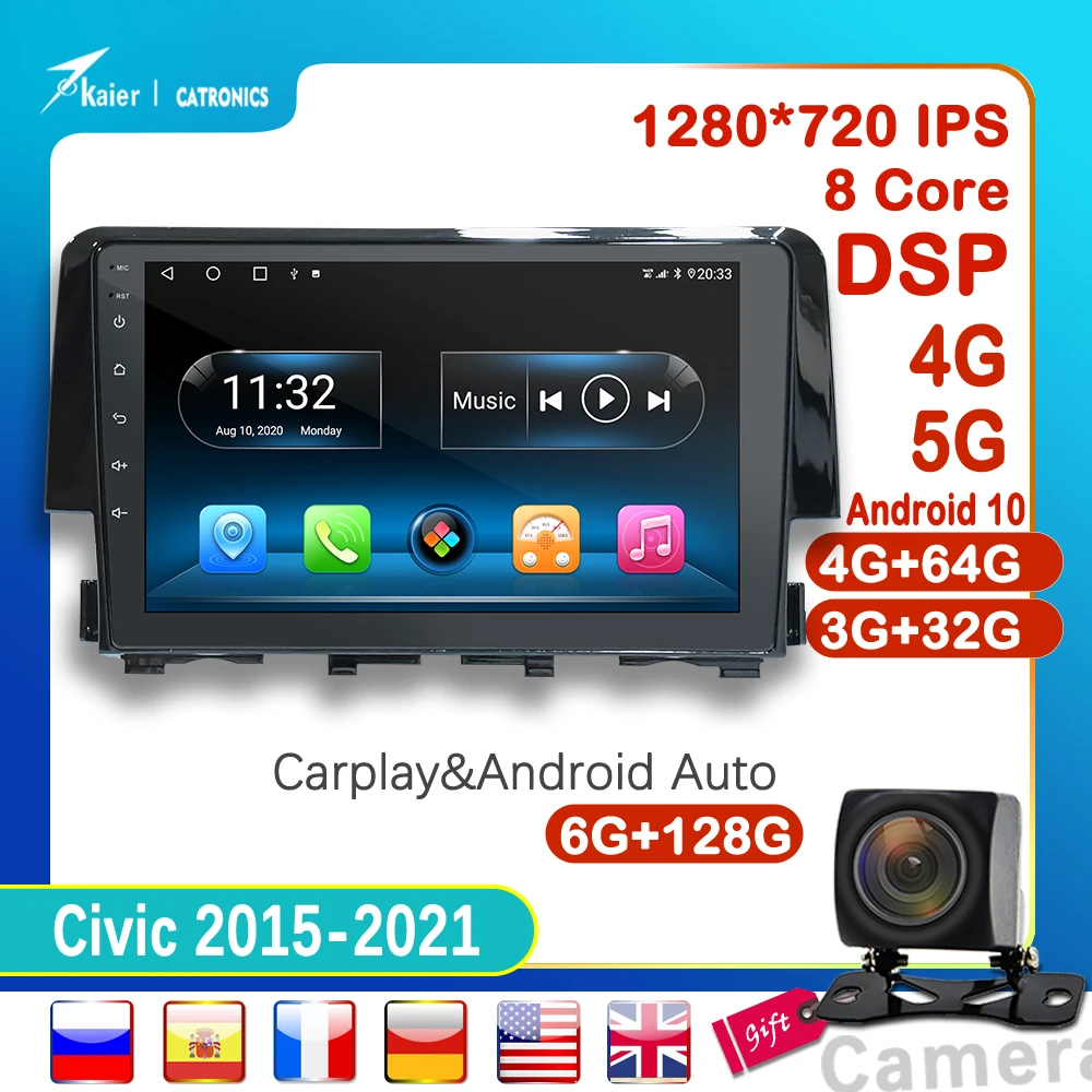 Android 10 6 + 128G CATRONICS для Honda Civic 2015-2021 автомобильный DVD мультимедийный радиоприемник GPS