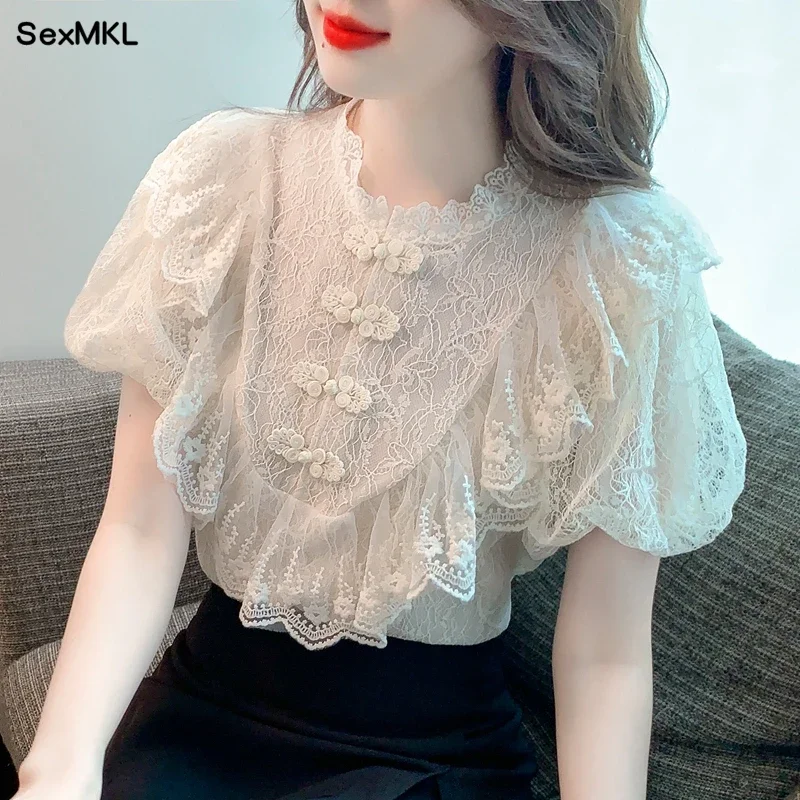 lace puff blouse レディース High quality vintage lace puff long sleeve blouse with a