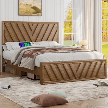 Full Bed with Adjustable Headboard, Farmhouse Platform Bed Wood 1