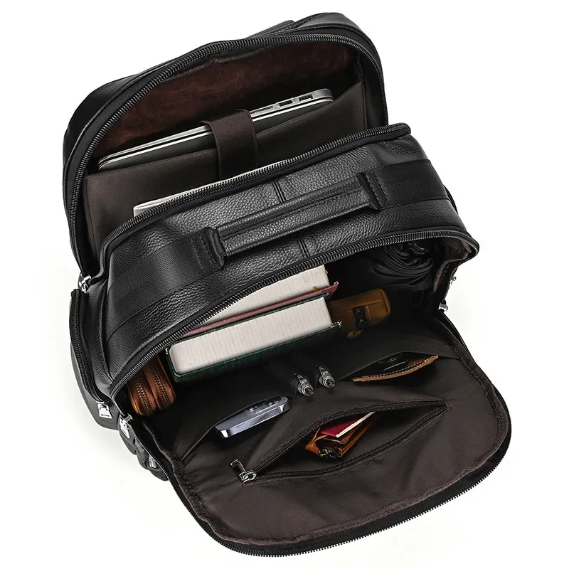 Business Men Real Cow Leather Big Rucksack 17 inch Laptop Backpack Travel Shoulder Bag Hidden USB Interface Bags Boys Schoolbag 6