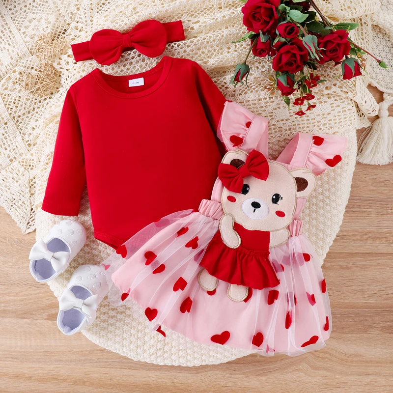 

Valentine s Day Baby Girl Skirt Sets Red Long Sleeve Romper Heart Print Suspender Dress 3PC Valentine s Gift Clothes