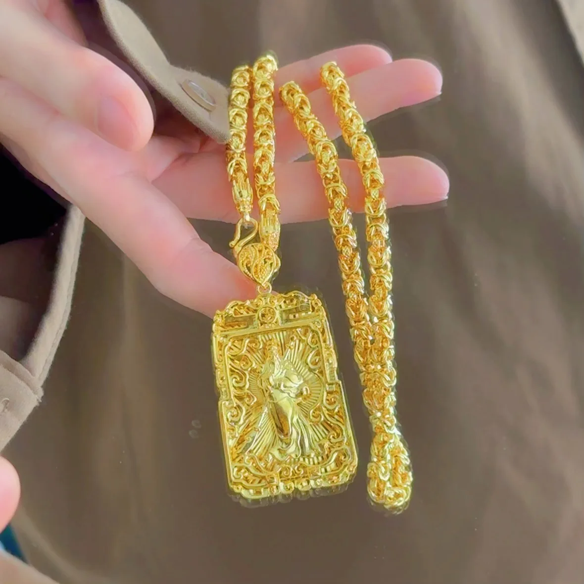24 K Gold Necklace Men Dragon Guan Gong Pendant 9999 Real Gold Necklace