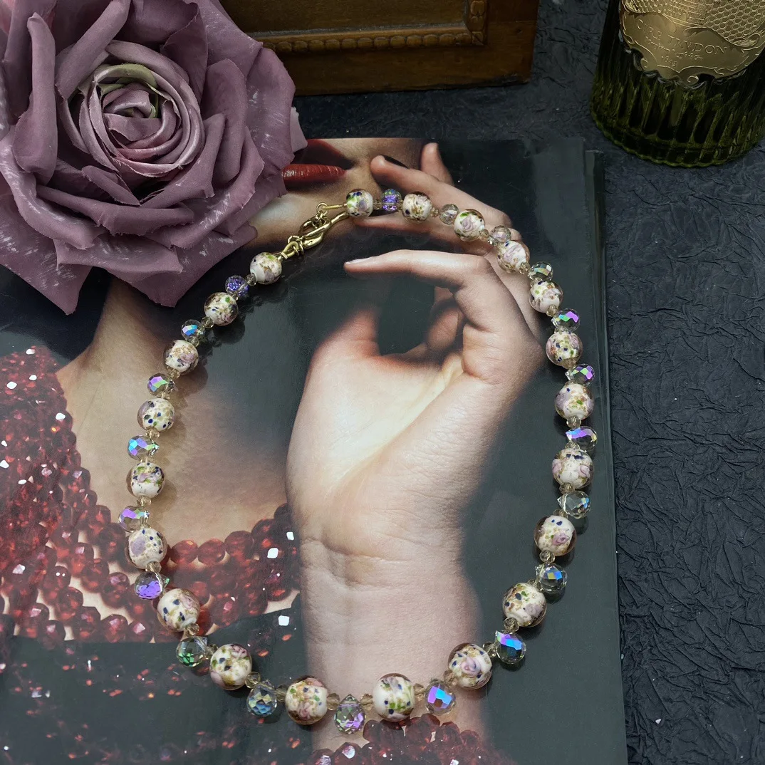 Temperament  Sweet Glass Crystal Handmade Beaded Necklaces for women's girl gift Party Choker Sweater chain fine Jewelry