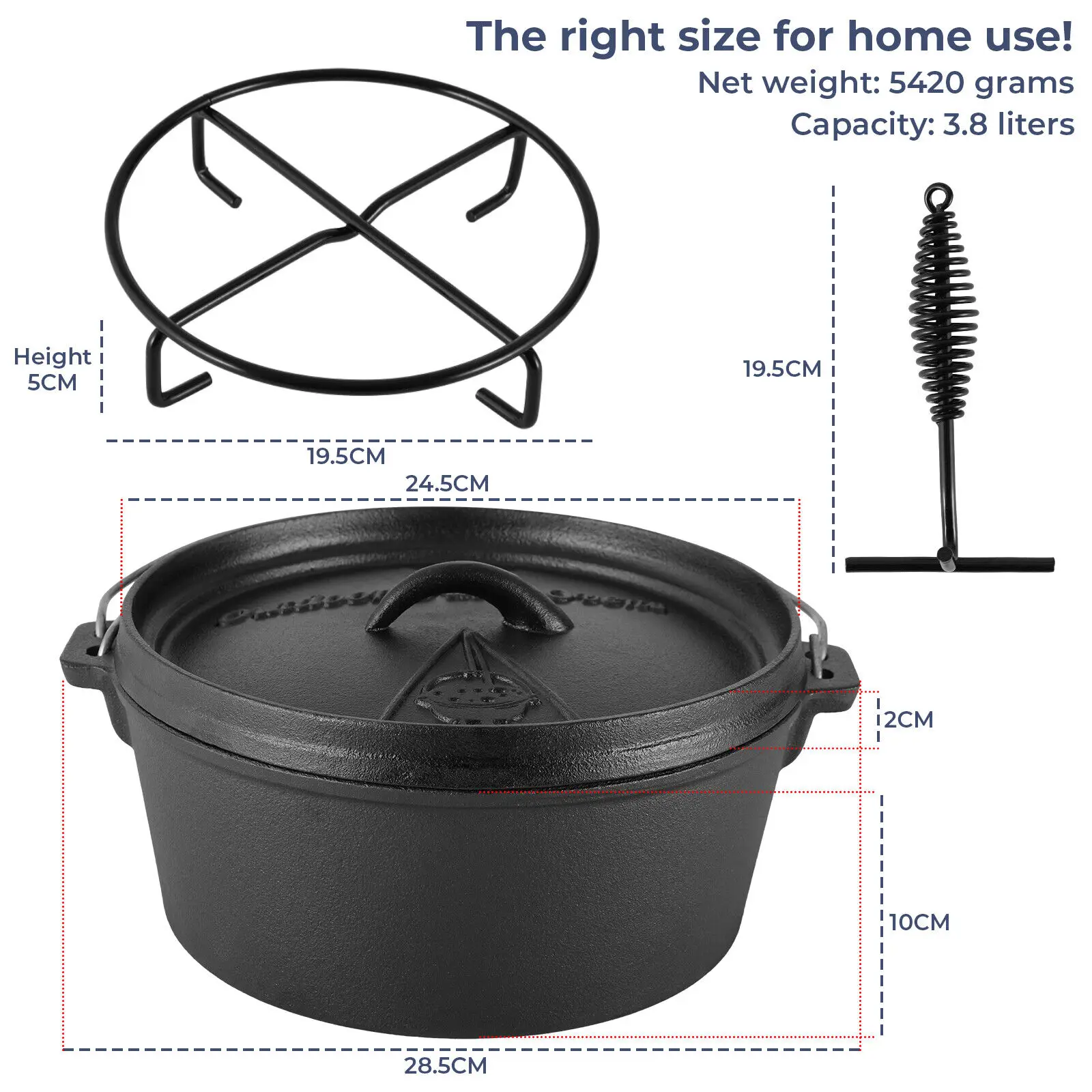 Femor Outdoor Dutch Oven 3.8 Liter Dutch Oven with Lid Lifter Stand and  Screw Handle No Feet Cast Iron Pot for Cooking Outdoors - AliExpress