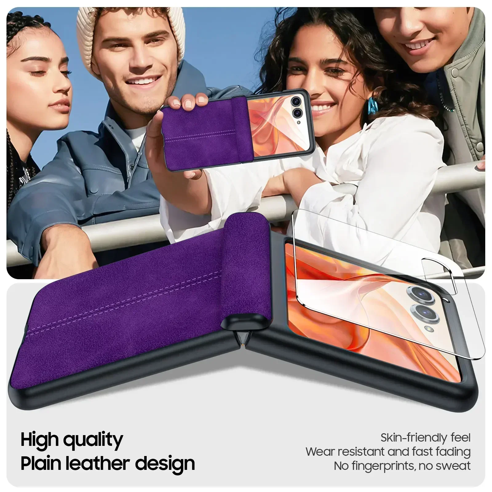 Luxury Purple Leather Magnetic Hinge Cover with 9H Screen Protector and Wireless Charging Compatibility