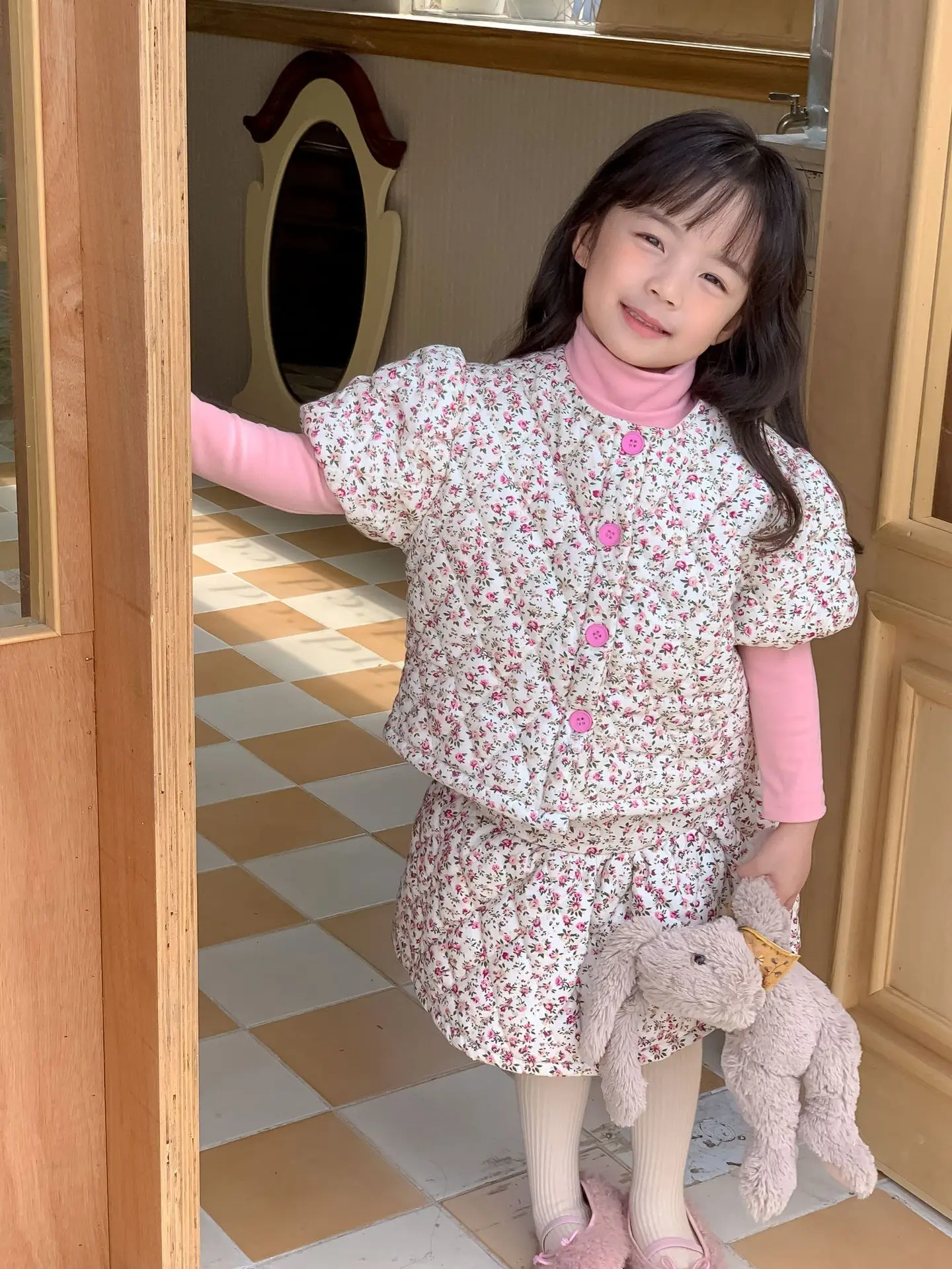 

Winter Children's Clothing Sets Baby Girls Kids Floral Parkas Jackets Coat+Cotton-padded Skirt Two Piece Sweet Suit Outfits