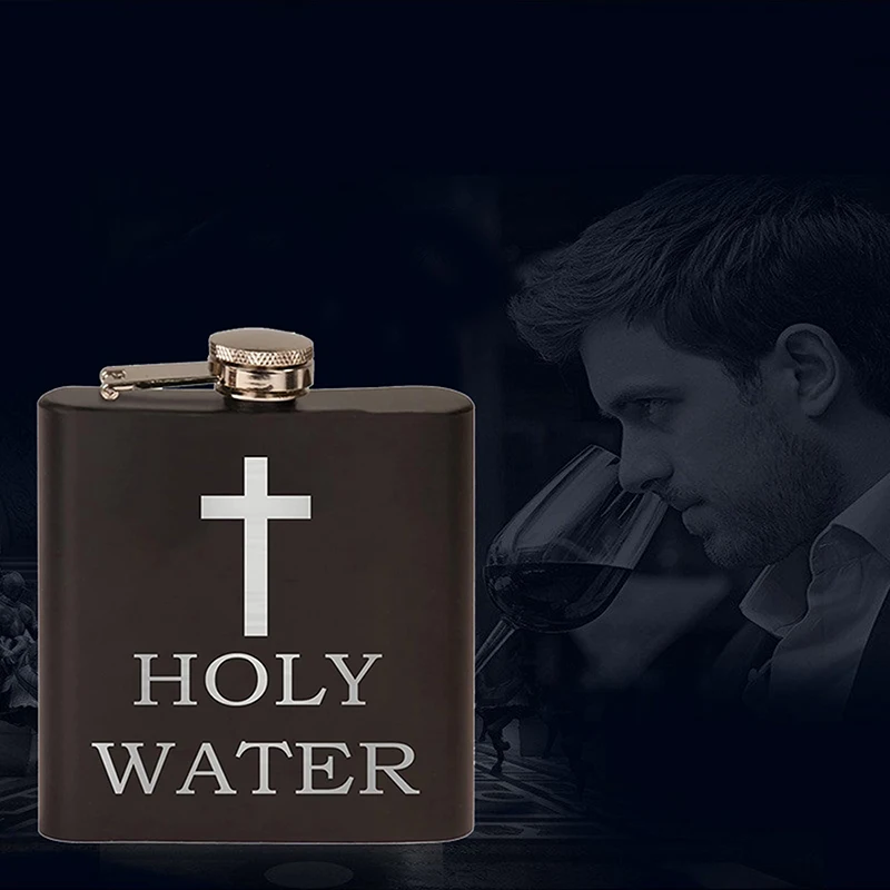 168ml Cross Pattern Holy Water Bottle Black Stainless Steel Hip Flask Portable Alcohol Whiskey Wine Pot Screw Cap