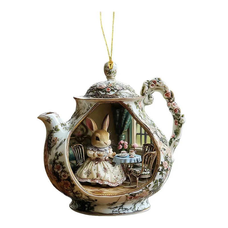 Rabbit in Teacup 2D Acrylic Pendant - Stained Glass Style Hanging Ornament for Backpack/Car Mirror/Window, Warm Home Decor