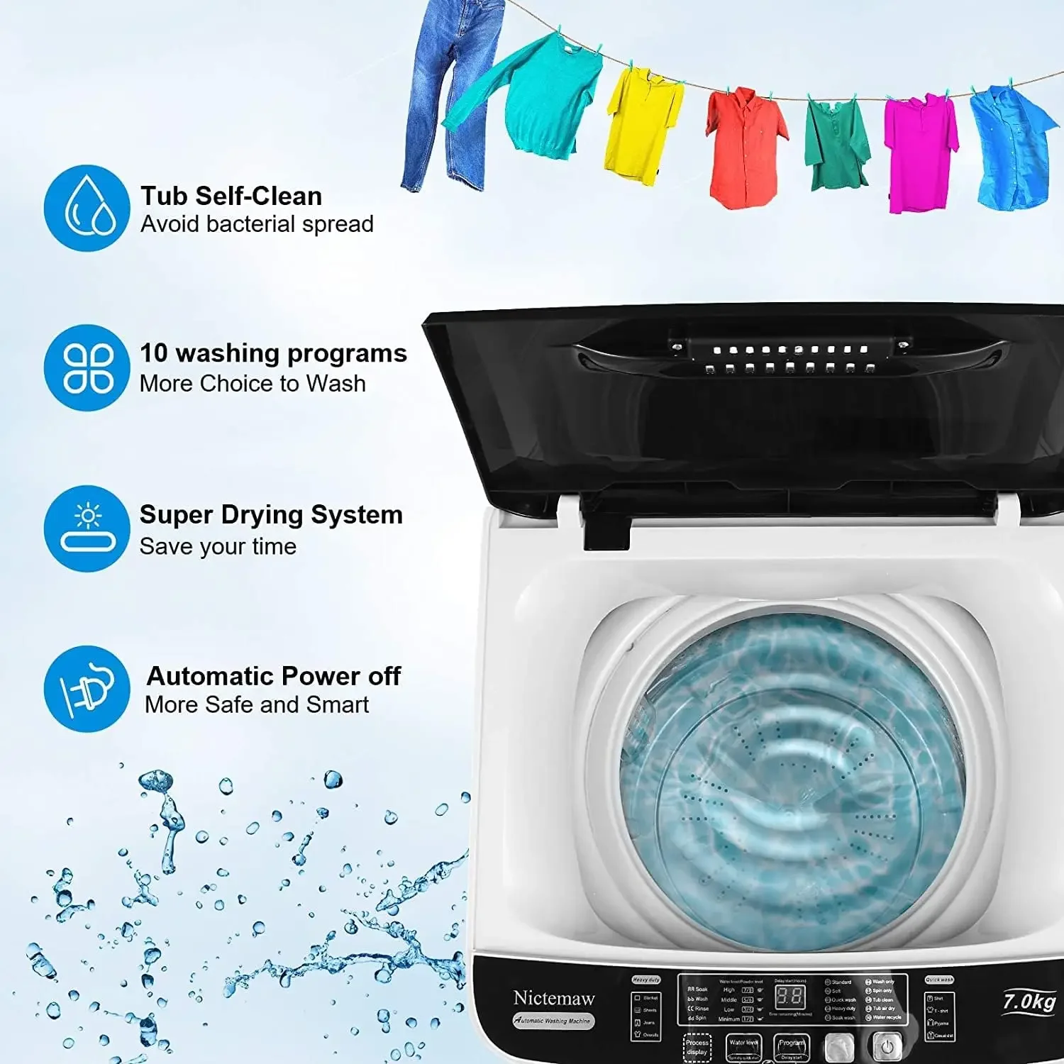 Portable Washing Machine, 17.8Lbs Capacity Full-Automatic Portable Washer, 2.4Cu.ft Washer and Dryer Combo with Drain Pump, 10 P 3