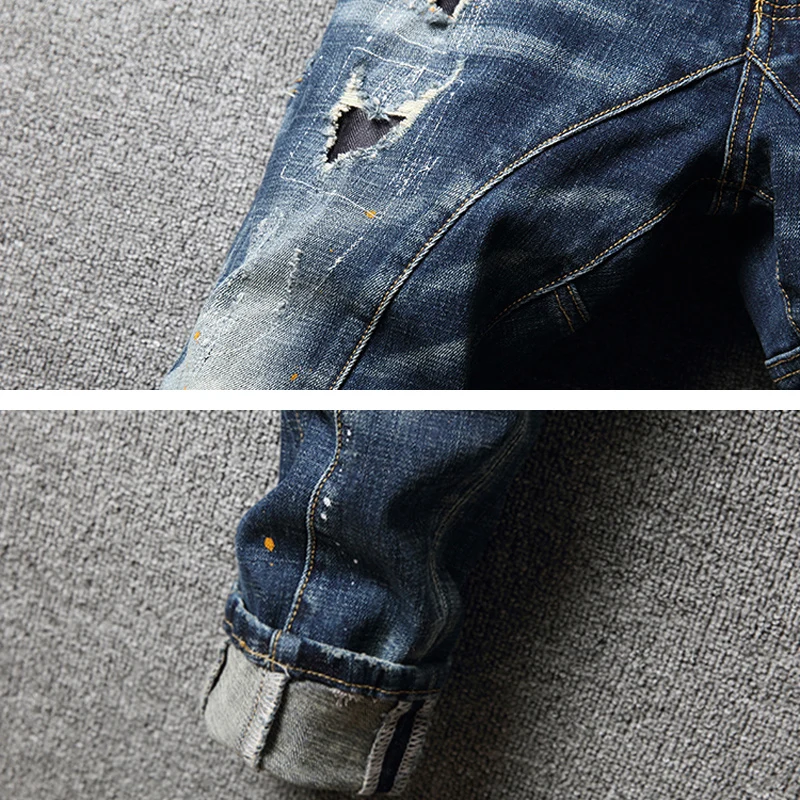 Street Fashion Men Jeans Retro Blue Elastic Slim Ripped Jeans Men Embroidery Patched Spliced Designer Hip Hop Biker Pants Hombre