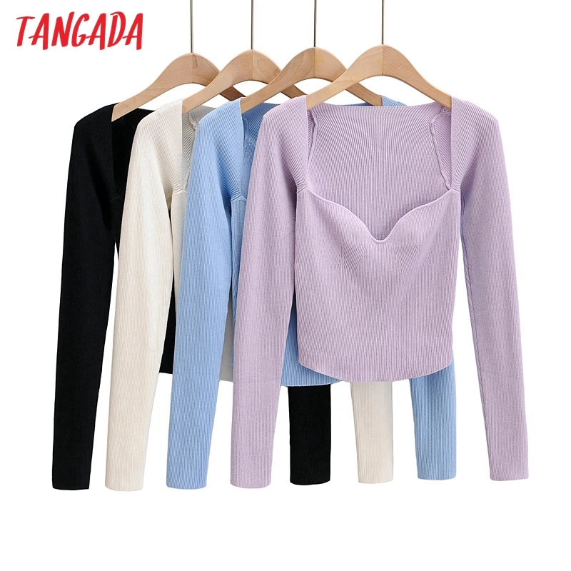 Tangada 2020 autumn women solid thin sweater long sleeve elegant office lady knitted jumper tops 4P2 | Женская одежда