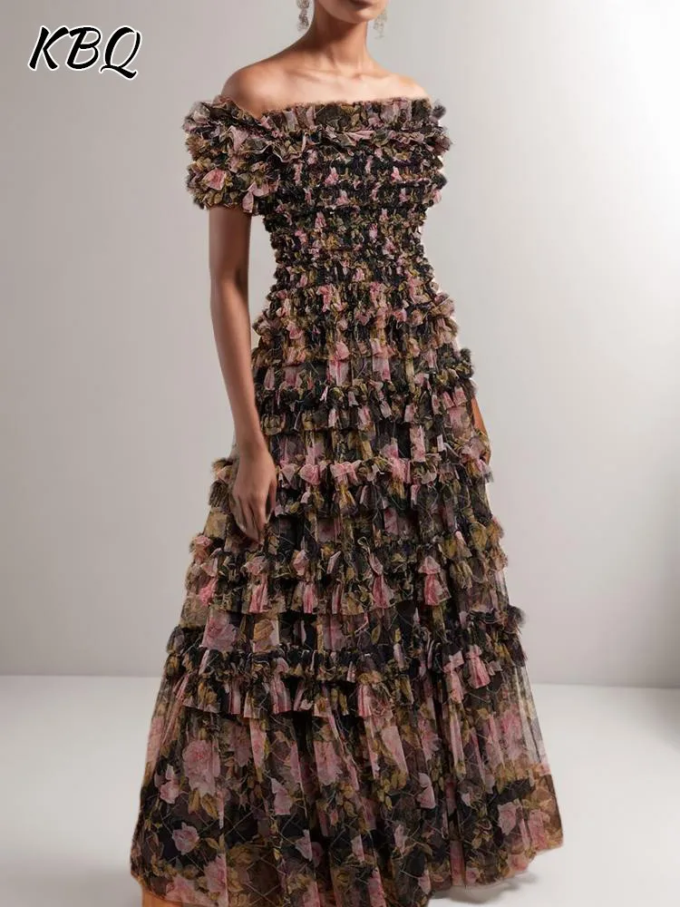 

KBQ Printing Spliced Tiered Ruffles Dresses For Women Slash Neck Short Sleeve High Waist Patchwork Sheer Mesh Dress Female Style