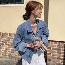 

Koamissa New 2022 Denim Jacket Women Casual Pockets Turn-down Collar Button-up Jeans Coat Spring Long Sleeve Short Jackets Retro