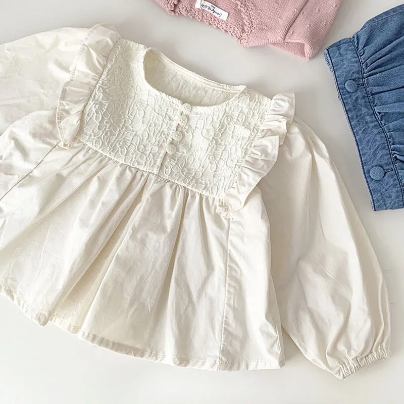 

Autumn Spring Baby Girls Casual Loose Shirt Long Sleeved Cotton Lace Stitching Tops Kids Shirt Korean Style Children Clothing