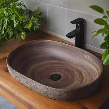 อ่างล้างหน้าเซรามิคทรงกลมที่เรียบง่ายและมีคุณภาพสูง อ่างล้างหน้าทรงสี่เหลี่ยมสีน้ำตาลสไตล์เรโทรสำหรับห้องน้ำ ระเบียง YX432GJ 1