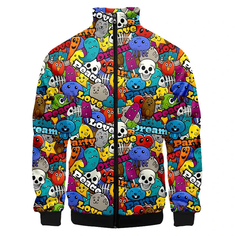 Chaqueta deportiva de talla grande 3D con diseño de grafiti de monstruo colorido para hombre, suéter con cuello alto y cremallera, chaqueta de béisbol para hombre