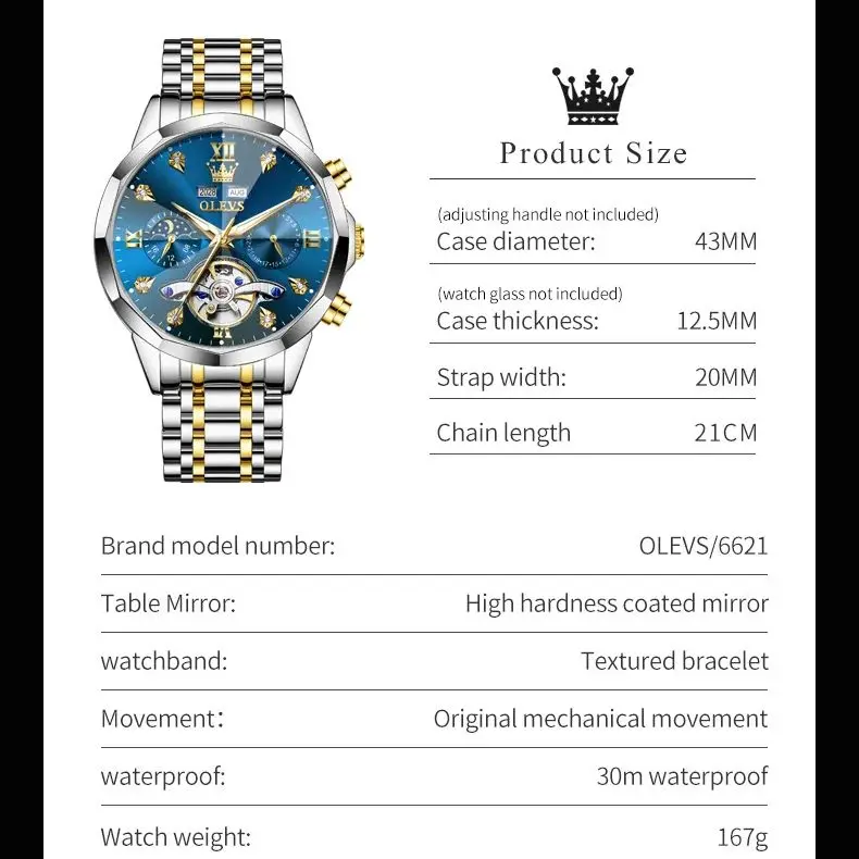 OLEVS 6621 Men Watch Top Brand Moon Phase Watch for Men Dual Calendar Display Original Watches NEW 6