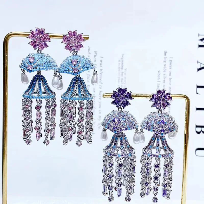 Bilincolor Micro Set Zircon Flower Wind Chime Tassel Earrings