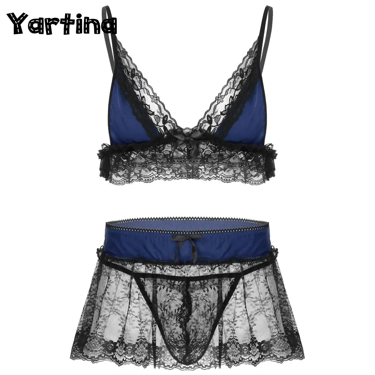Men Lingerie Set 3Pcs Mens Erotic Lace Sissy Crossdresser Lingerie Deep V Neck Bra Top Mini Skirt G-string Briefs Underwear