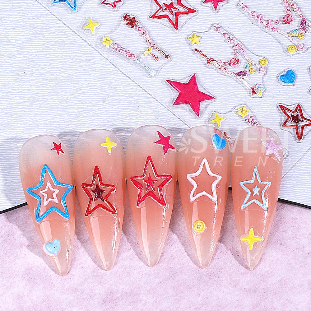 5D Tassel Bow Star Nail Stickers Y2K Colorful Star Love Heart Nail Art Decals Valentine's Day Manicure Accessories Nail Supplies