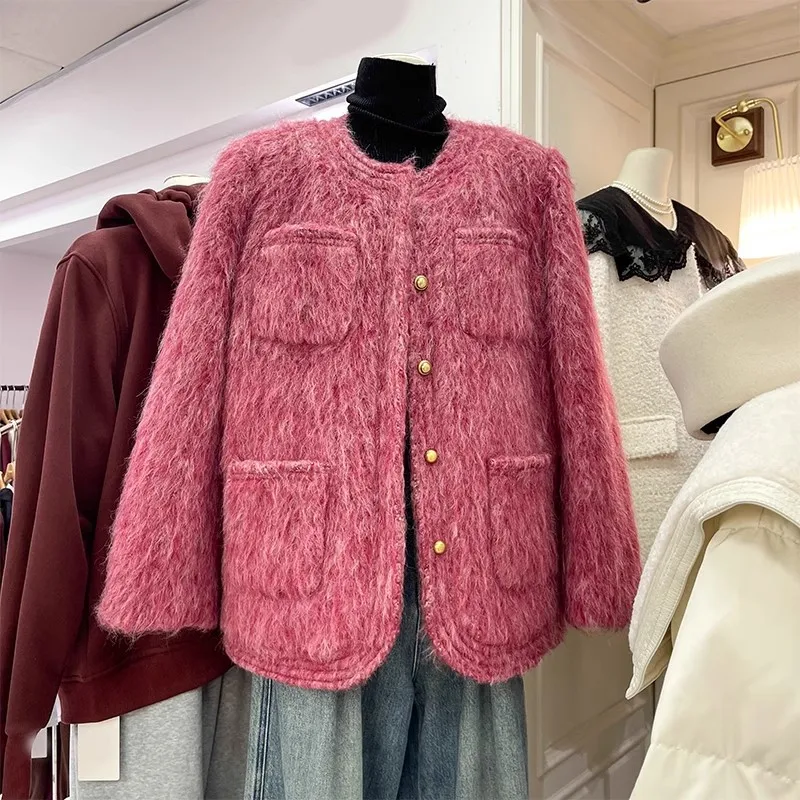 

2023 Autumn Winter Women Elegant French O-neck Woolen Coat Single Breasted Warm Thick Lady Tweed Coats