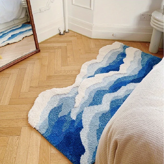 Tappeto floccato con onde marine blu Tappeto per camera da letto Tappeto per corridoio Tappetino per pavimento Zerbino Estetico Decorazioni per la casa 3