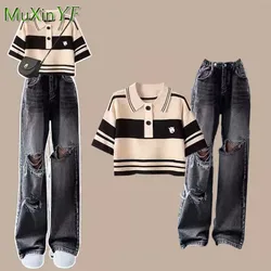 Women's Summer New Jeans Matching Set Korean Loose Striped Knitted Short Sleeve Top+High Waist Denim Pants Two Piece Female Suit