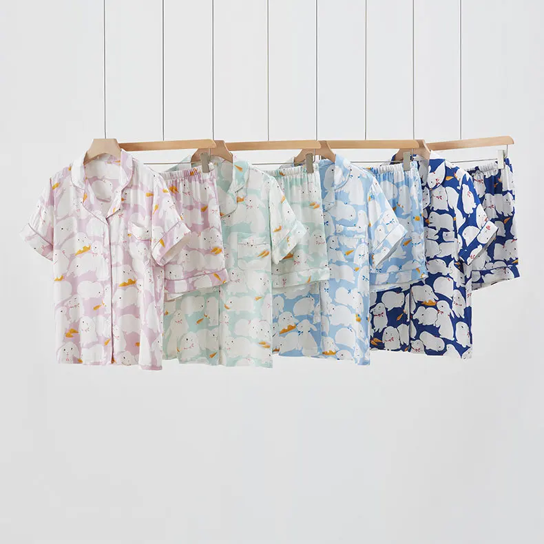 

2023 Summer Newest Cotton Women's Four Color Option Cute Rabbit Print Short Sleeve Shorts Home Suit Pijamas Feminino