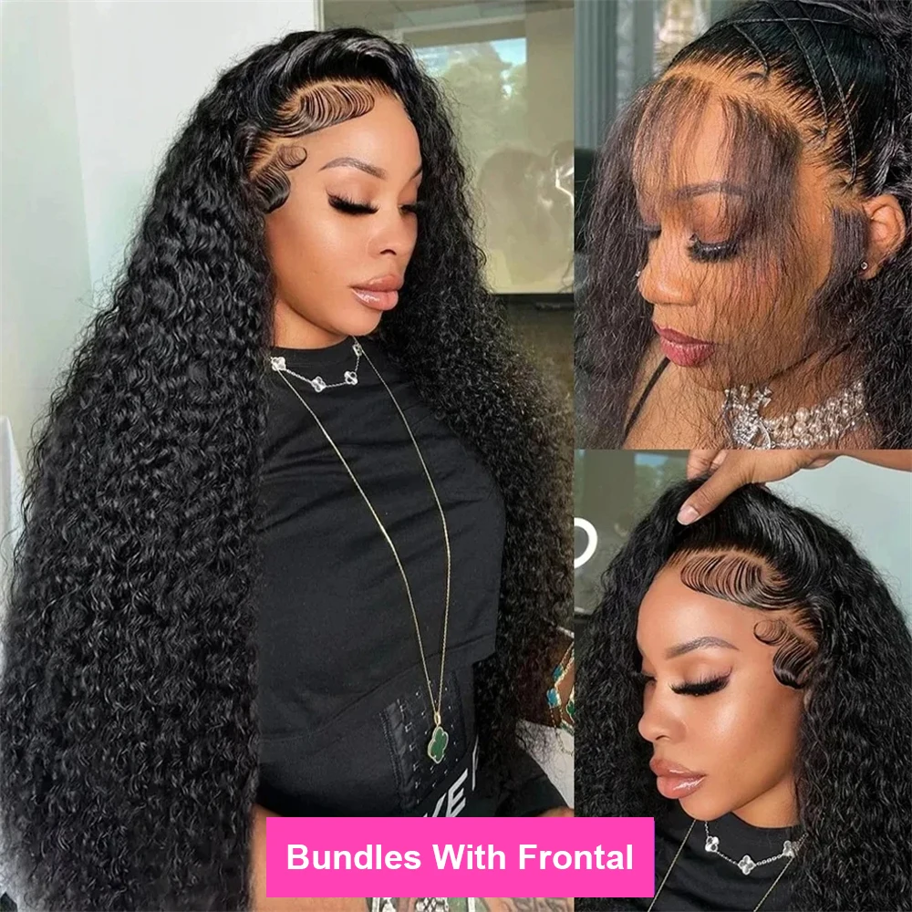 32" Curly Human Hair Bundles With Closure Frontal Deep Wave Bundle With Frontal Transparent Lace Human Hair Weave Extension Deal