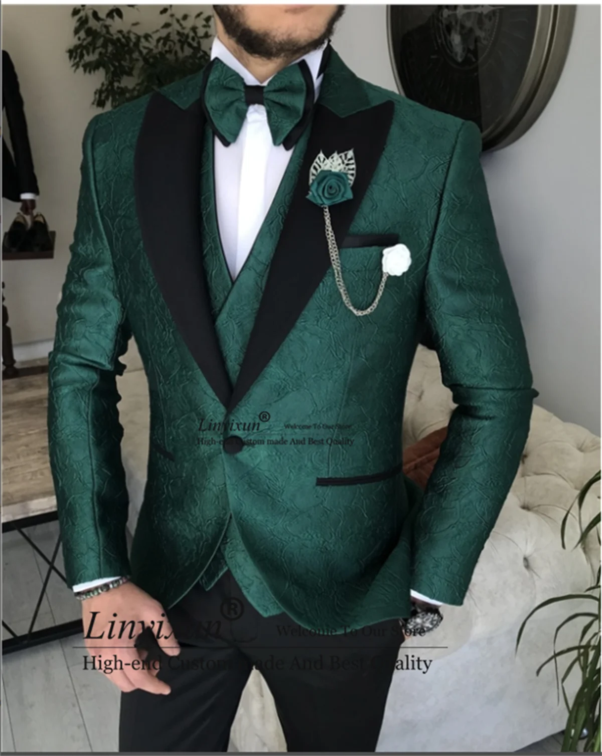 

Dark Green Jacquard Wedding Suits For Men Peaked Lapel Groom Tuxedos 3 Pieces Sets Slim Fit Prom Blazers Groomsmen Costume Homme