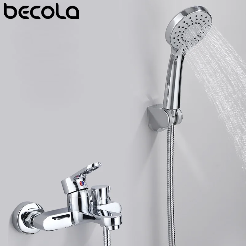Becola Messing Verchromt Badezimmer-Duscharmatur-Set, Badewannen-Wasserhahn, Wandmontage, Heiß-Kalt-Mischbatterie, Duschsysteme Mit Handbrause