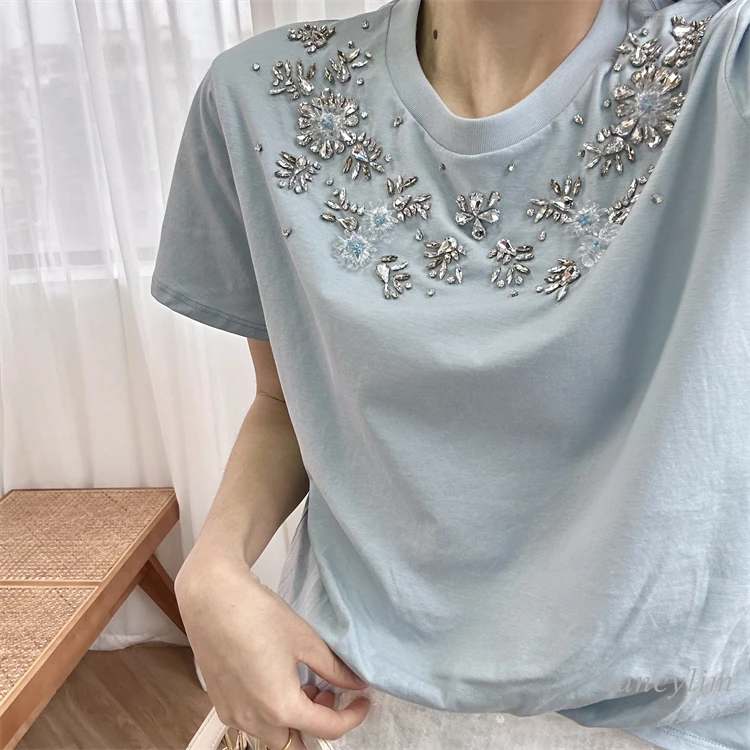 

New Diamond Decorations Round Neck White Cotton All-Match Short Sleeve T-Shirt Top for Women Loose Tees