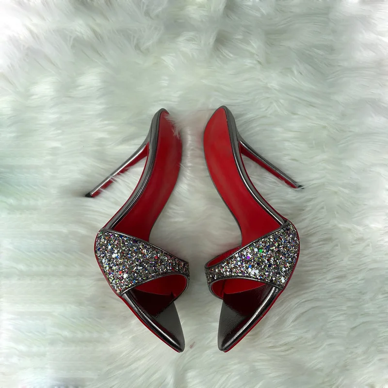 

Summer New Pointed Sequins One Line Fashion Slippers Slim High Heel Dress Everyday Versatile Large Customized Women's Sandals