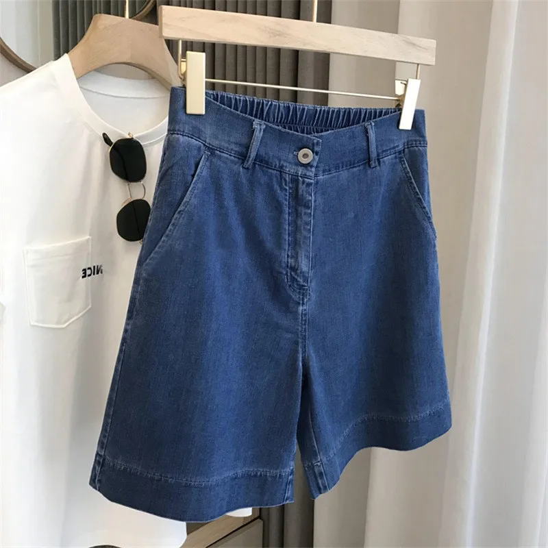 Hong Kong Style Retro Sense 2024 Summer New Style Casual and Cool Semi-elastic High-waisted Five-point Jeans Shorts for Women