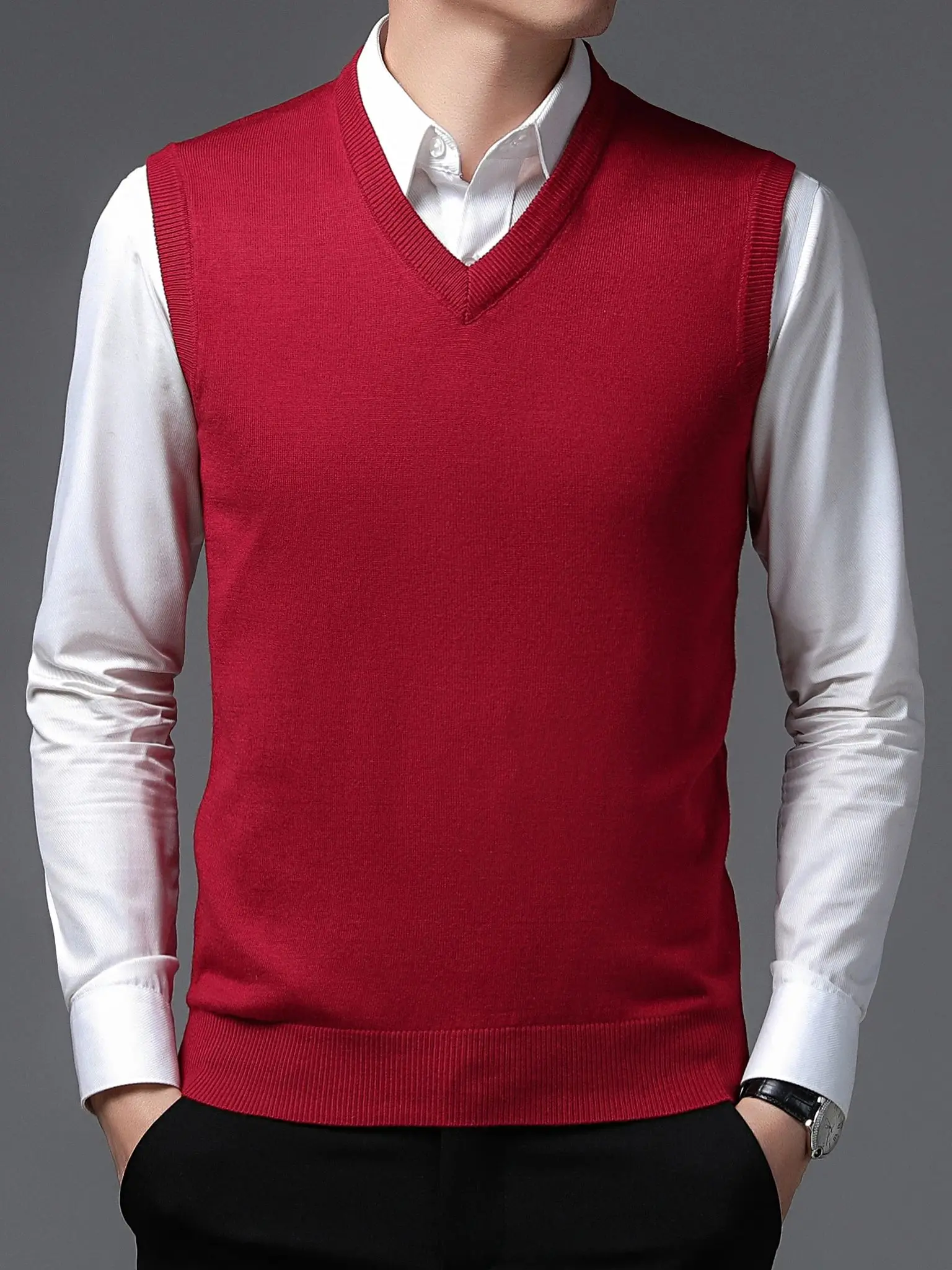 Mens Knitted Wool Vests Classic Pure Color Sleeveless V-neck Business Casual A&W Warm COODRONY Brand 5080