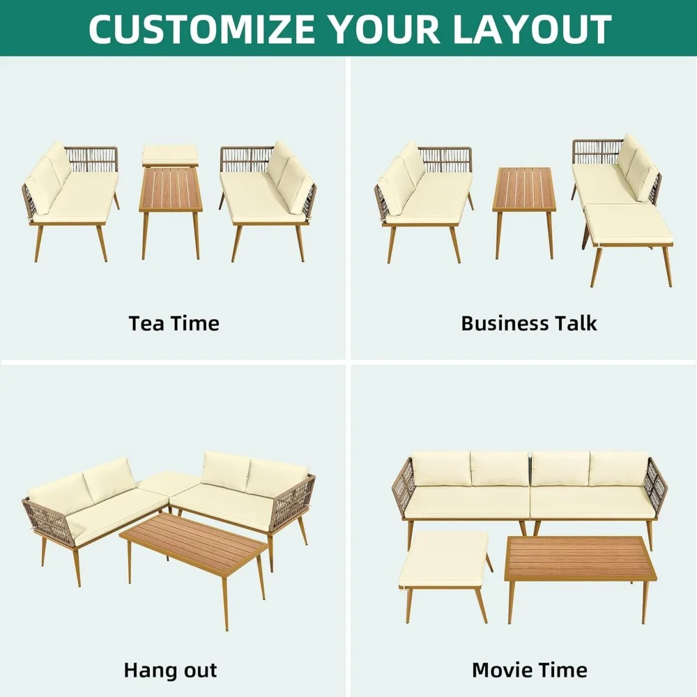 4 Pieces Patio Furniture Set, Outdoor Rattan Woven Conversation Sectional L-Shaped Sofa for Backyard, Porch, Boho Detac 4