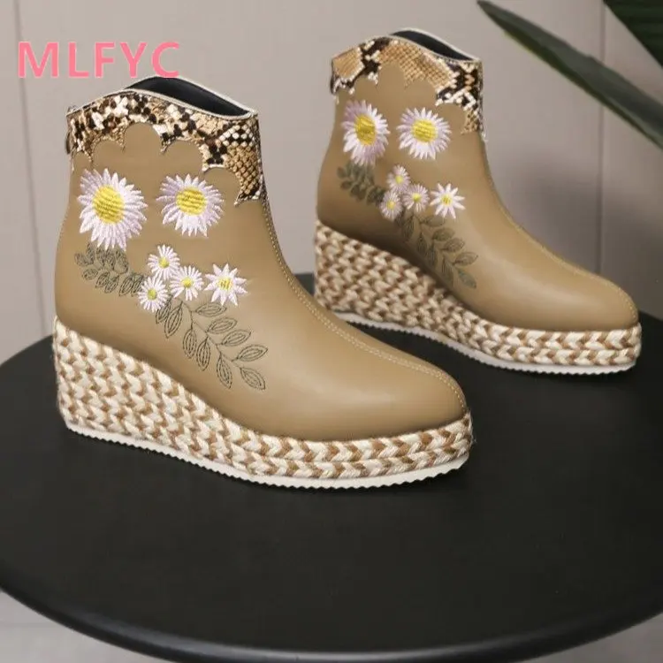 Ethnic style women's shoes embroidered ladies waterproof platform embroidered boots high heels sloping heels short boots