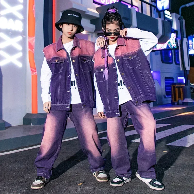 

Kid Hip Hop Clothing Purple Denim Sleeveless Jacket Vest Casual Street Jeans Pants for Girl Boy Dance Costume Clothes Outfit Set