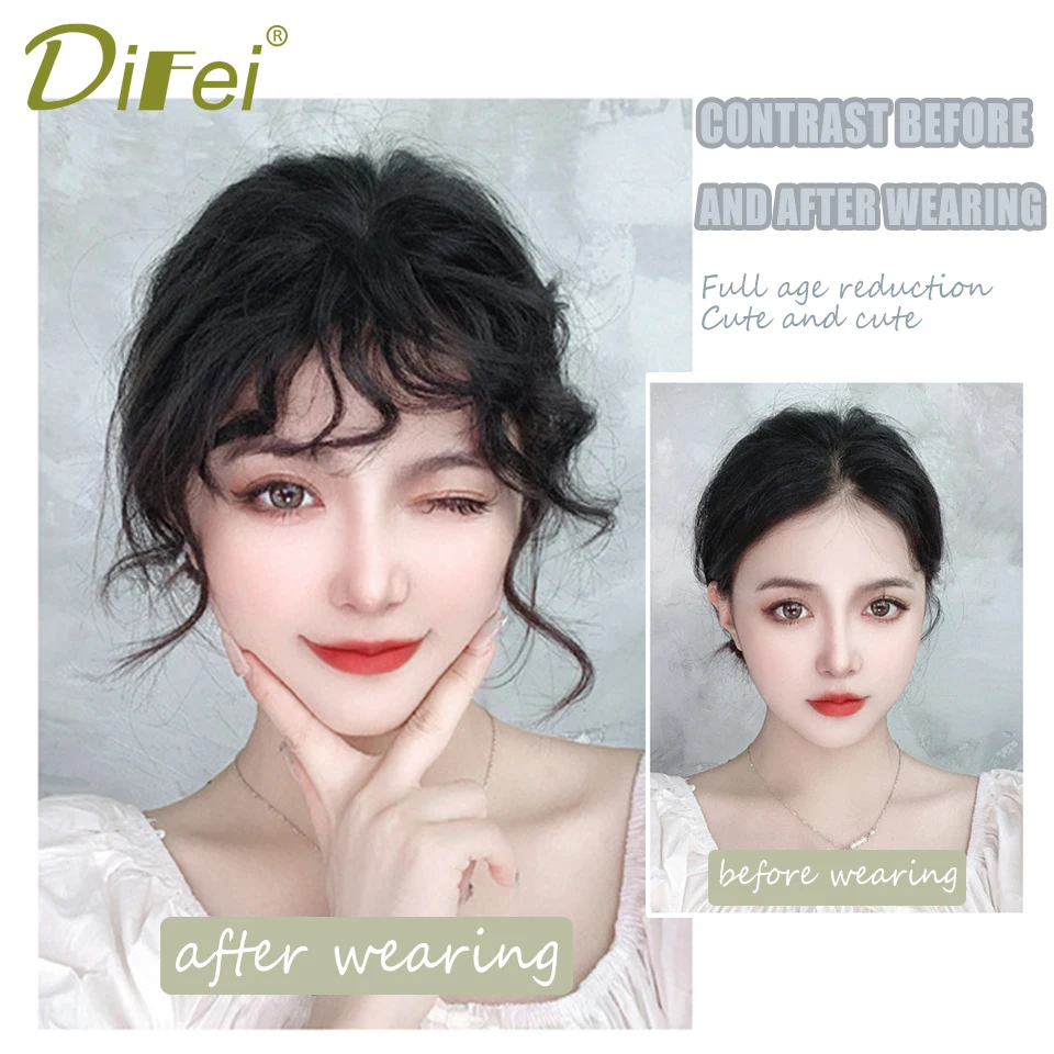 DIFEI 여성용 합성 가발 앞머리 가발, 자연스러운 이마 에어 컬, 페이크 앞머리, 심리스 푹신한 양모 롤 앞머리