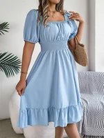 Msfilia Leisure Square Collar Spring Summer Dress Women Short Sleeve Loose Waist Design Lotus Leaf A-shaped Print Dress - Image 2