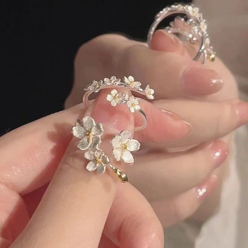 Ins Trendy Simple Flower Rings for Women Girls Retro Three-Dimensional Blossom Branch Opening Finger Ring Fashion Jewelry Gifts